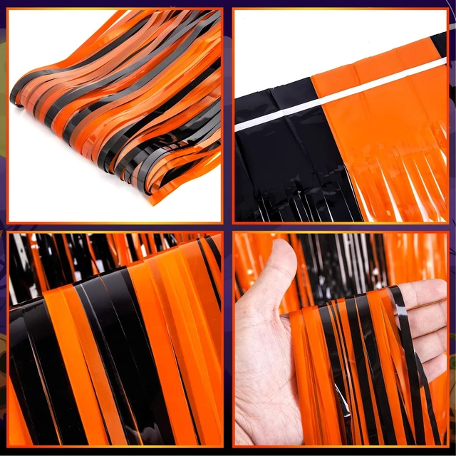 Alt view image 5 of 7 - Halloween Decorations, Orange Black Foil Fringe Curtains, 5 Pack 3.3 X 6.6 ft Spooky Halloween Photo Booth Backdrop, Shiny Tinsel Streamers for Halloween Birthday Anniversary Party Supplies