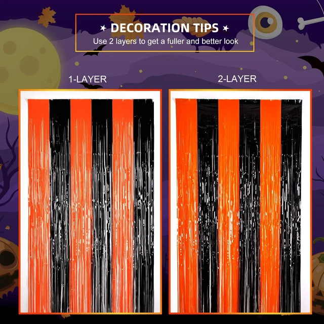 Alt view image 6 of 7 - Halloween Decorations, Orange Black Foil Fringe Curtains, 5 Pack 3.3 X 6.6 ft Spooky Halloween Photo Booth Backdrop, Shiny Tinsel Streamers for Halloween Birthday Anniversary Party Supplies