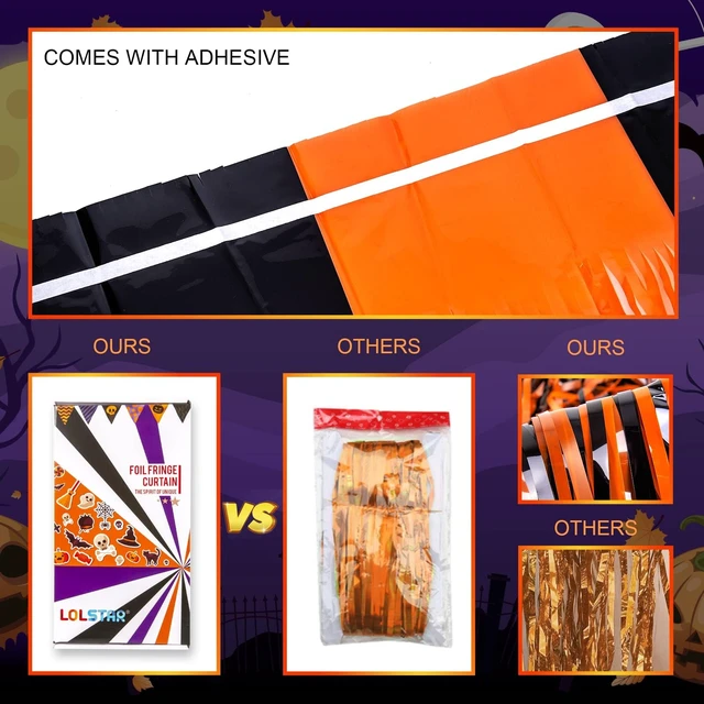 Alt view image 7 of 7 - Halloween Decorations, Orange Black Foil Fringe Curtains, 5 Pack 3.3 X 6.6 ft Spooky Halloween Photo Booth Backdrop, Shiny Tinsel Streamers for Halloween Birthday Anniversary Party Supplies