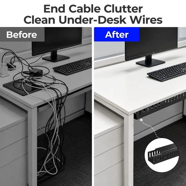 Alt view image 4 of 7 - 2 Pack Cable Management, 31in X-Large PVC Under Desk Cable Management, No-Drill Cord Hider Open Slot Wire Raceway for Computer/TVs/Networks, Cord Organizer Black