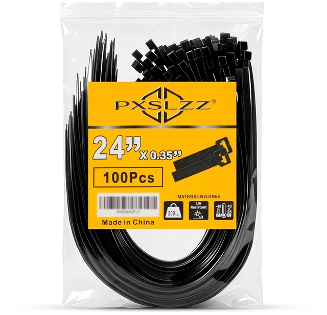 Main image of 24 Inch Zip Ties, 200LBS,0.35In Thick, 100Pack,Black Cable Ties Heavy Duty,Ultra StrongSelf-Locking, Nylon 66, UV & Weather Resistant, Indoor Outdoor, Garden & Industrial Use