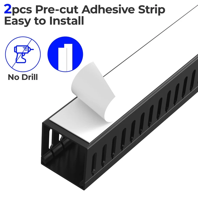 Alt view image 7 of 7 - 2 Pack Cable Management, 31in X-Large PVC Under Desk Cable Management, No-Drill Cord Hider Open Slot Wire Raceway for Computer/TVs/Networks, Cord Organizer Black