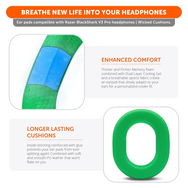 Alt view image 4 of 7 - Freeze Blackshark V3 Pro - Cooling Gel Earpads for BlackShark V3 Pro Made by Wicked Cushions Enhanced Comfort, Cooling Gel Technology, Extra Thick Neon Green