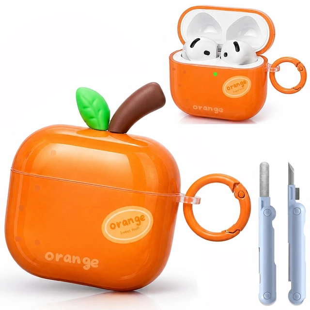 Main image of Cute Orange Case for AirPods 4 (2024) & 5 (2026), TPU Cover Cute orange TPU cover with matching keychain and cleaning pen for playful everyday style, protection, and easy carrying