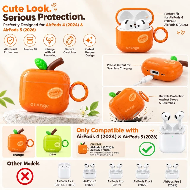 Alt view image 2 of 7 - Cute Orange Case for AirPods 4 (2024) & 5 (2026), TPU Cover Cute orange TPU cover with matching keychain and cleaning pen for playful everyday style, protection, and easy carrying