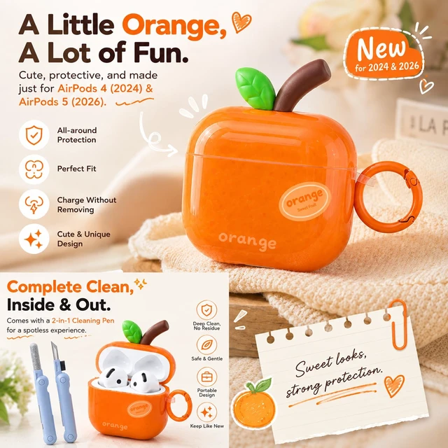 Alt view image 3 of 7 - Cute Orange Case for AirPods 4 (2024) & 5 (2026), TPU Cover Cute orange TPU cover with matching keychain and cleaning pen for playful everyday style, protection, and easy carrying