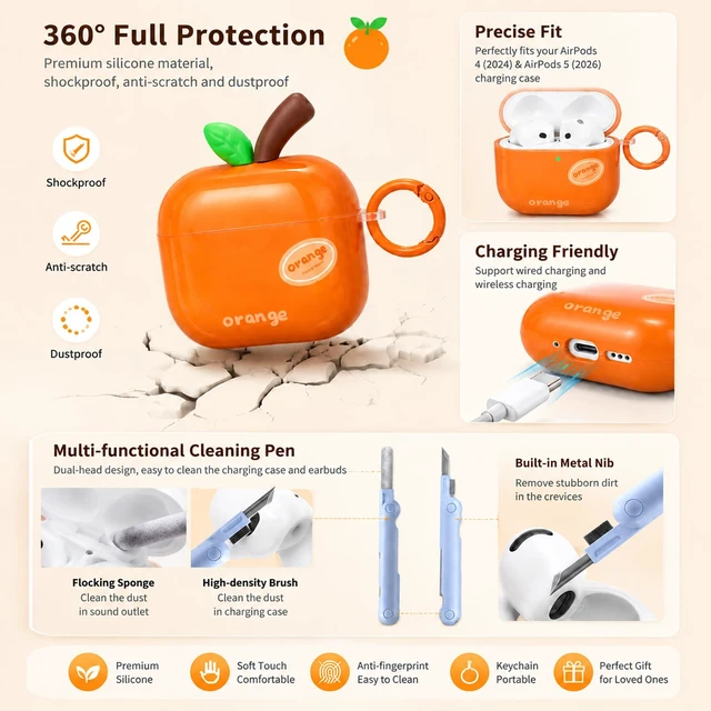 Alt view image 4 of 7 - Cute Orange Case for AirPods 4 (2024) & 5 (2026), TPU Cover Cute orange TPU cover with matching keychain and cleaning pen for playful everyday style, protection, and easy carrying