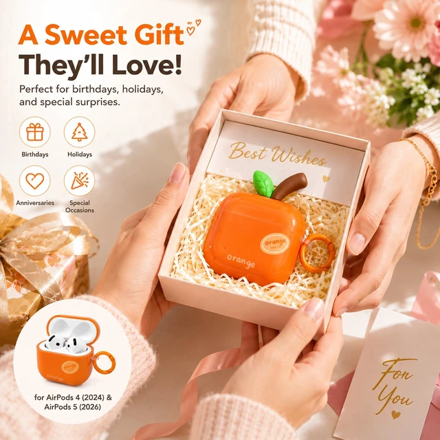 Alt view image 5 of 7 - Cute Orange Case for AirPods 4 (2024) & 5 (2026), TPU Cover Cute orange TPU cover with matching keychain and cleaning pen for playful everyday style, protection, and easy carrying