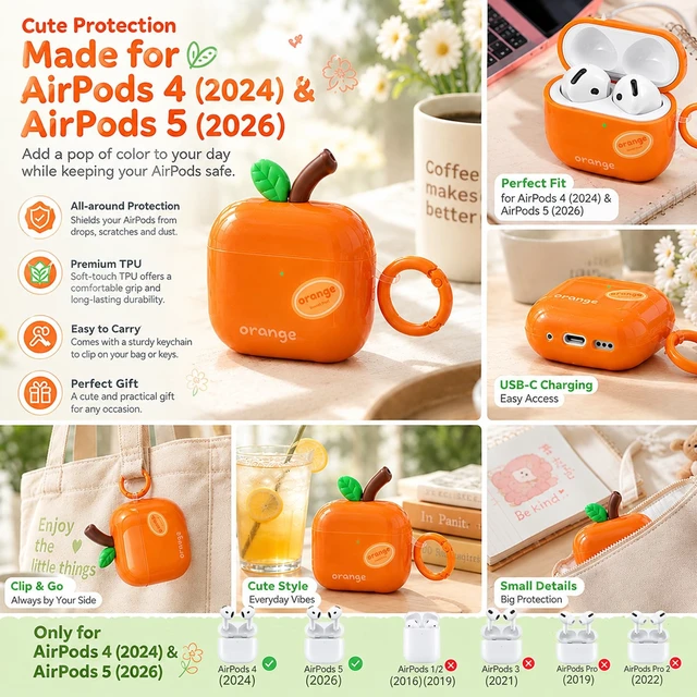 Alt view image 6 of 7 - Cute Orange Case for AirPods 4 (2024) & 5 (2026), TPU Cover Cute orange TPU cover with matching keychain and cleaning pen for playful everyday style, protection, and easy carrying