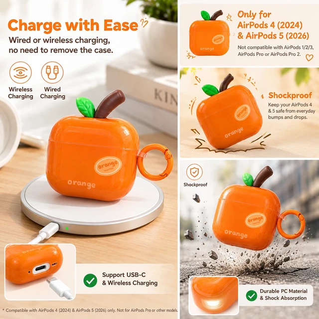 Alt view image 7 of 7 - Cute Orange Case for AirPods 4 (2024) & 5 (2026), TPU Cover Cute orange TPU cover with matching keychain and cleaning pen for playful everyday style, protection, and easy carrying
