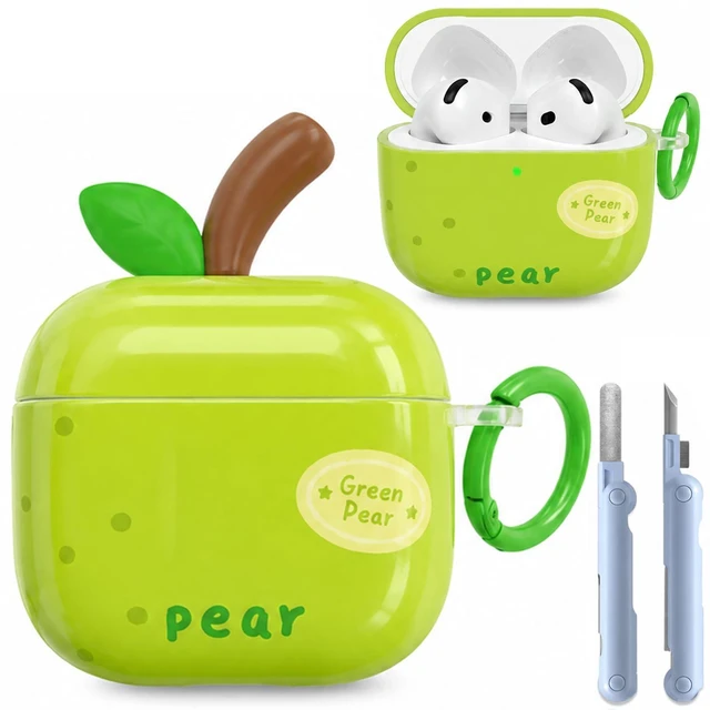 Main image of Cute Green Pear Case for AirPods 4 (2024) & 5 (2026), TPU Cover Cute green pear TPU cover with matching keychain and cleaning pen for playful everyday style, protection, and easy carrying