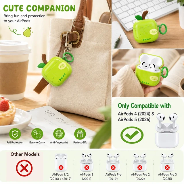 Alt view image 2 of 7 - Cute Green Pear Case for AirPods 4 (2024) & 5 (2026), TPU Cover Cute green pear TPU cover with matching keychain and cleaning pen for playful everyday style, protection, and easy carrying
