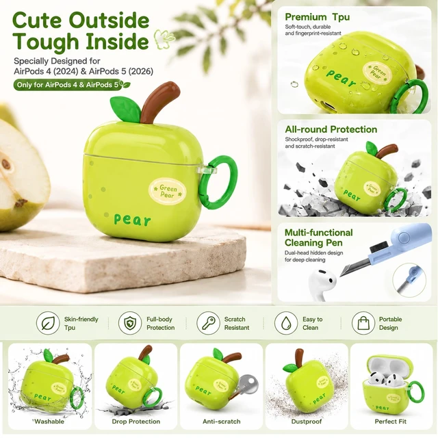 Alt view image 3 of 7 - Cute Green Pear Case for AirPods 4 (2024) & 5 (2026), TPU Cover Cute green pear TPU cover with matching keychain and cleaning pen for playful everyday style, protection, and easy carrying