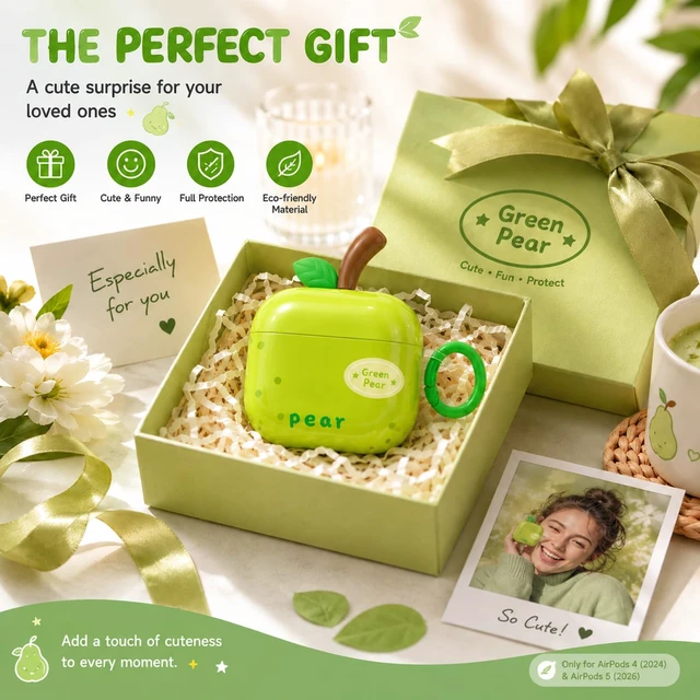 Alt view image 4 of 7 - Cute Green Pear Case for AirPods 4 (2024) & 5 (2026), TPU Cover Cute green pear TPU cover with matching keychain and cleaning pen for playful everyday style, protection, and easy carrying