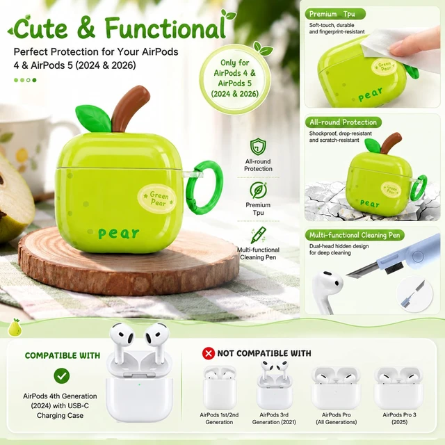 Alt view image 5 of 7 - Cute Green Pear Case for AirPods 4 (2024) & 5 (2026), TPU Cover Cute green pear TPU cover with matching keychain and cleaning pen for playful everyday style, protection, and easy carrying