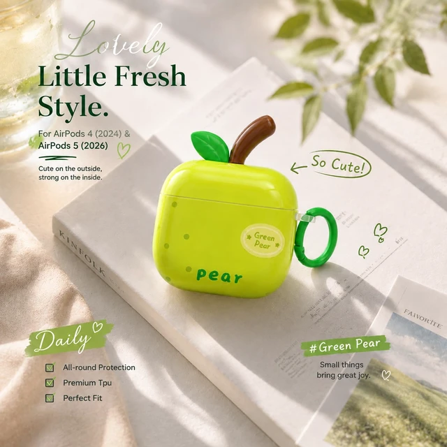 Alt view image 6 of 7 - Cute Green Pear Case for AirPods 4 (2024) & 5 (2026), TPU Cover Cute green pear TPU cover with matching keychain and cleaning pen for playful everyday style, protection, and easy carrying