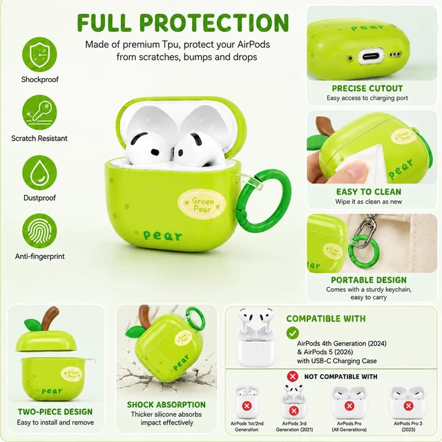 Alt view image 7 of 7 - Cute Green Pear Case for AirPods 4 (2024) & 5 (2026), TPU Cover Cute green pear TPU cover with matching keychain and cleaning pen for playful everyday style, protection, and easy carrying