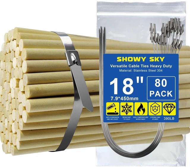 Main image of Metal Zip Ties Heavy Duty Outdoor, 18 Inch Industrial Cable Ties 80Pk 304 Stainless Steel Tie Wraps, 390Lb UV resistant Wire Ties for Exhaust Wrap, Garden Ties, HVAC, Fence Repair