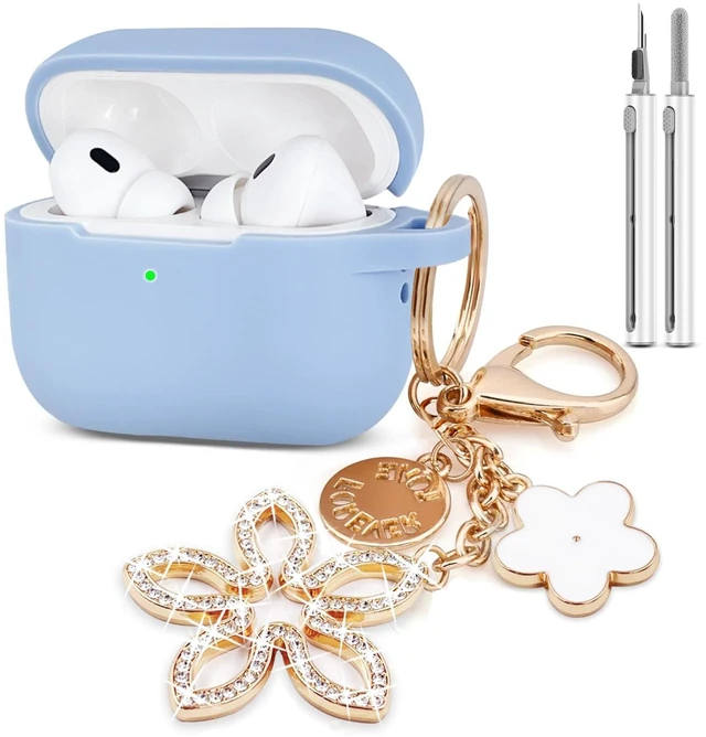 Main image of Compatible with AirPods Pro 2nd Generation Case with Cleaner Kit, Silicone Protective Case for Apple AirPod Pro 2nd/1st Earbuds Wireless Charging Cases with Bling Keychain (Gray Blue)