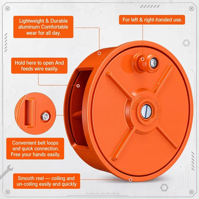 Alt view image 3 of 6 - 2 Set 6.25" Aluminum Rebar Tie Wire Reel Coil Holder Wheel, Orange Lightweight and Durable Tie Wire Dispenser, for Left or Right Hand Use, for Electricians, Ironworker, Construction Workers