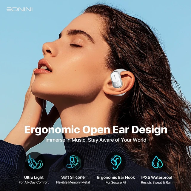 Alt view image 2 of 7 - Open-Ear Earbuds with Earhooks, LED Display Case, Lightweight & Secure Fit, All-Day Comfort, Stay-Aware Design, Clear Calls, 40H Playtime, IPX5 Waterproof Bluetooth 5.3 for Running, Gym