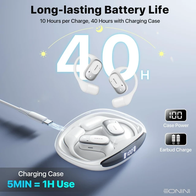 Alt view image 5 of 7 - Open-Ear Earbuds with Earhooks, LED Display Case, Lightweight & Secure Fit, All-Day Comfort, Stay-Aware Design, Clear Calls, 40H Playtime, IPX5 Waterproof Bluetooth 5.3 for Running, Gym