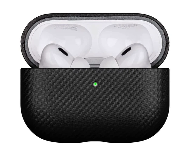 Alt view image 2 of 7 - Case for AirPods Pro 2 - Carbon Fiber Style PU Leather - Black Handmade Protective Hard Shell Cover - Vegan Leather & PC Dual Layer Protection - AirPods Pro 2nd Generation Case Cover
