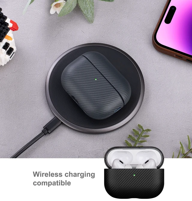 Alt view image 6 of 7 - Case for AirPods Pro 2 - Carbon Fiber Style PU Leather - Black Handmade Protective Hard Shell Cover - Vegan Leather & PC Dual Layer Protection - AirPods Pro 2nd Generation Case Cover