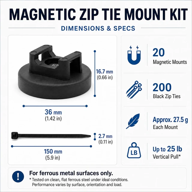 Alt view image 2 of 7 - 20 Pcs 36 mm Magnetic Zip Tie Mount Base with 200 Black Zip Ties, 25 lb Pull Force Large Magnetic Cable Clips, Magnet Wire Holder and Cable Tie Mounts for Wire Cord Organizer on Steel Surfaces
