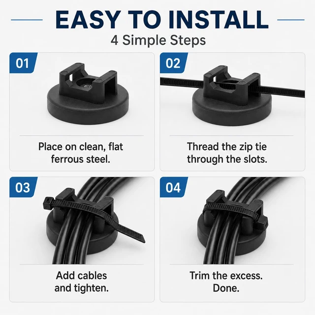 Alt view image 4 of 7 - 20 Pcs 36 mm Magnetic Zip Tie Mount Base with 200 Black Zip Ties, 25 lb Pull Force Large Magnetic Cable Clips, Magnet Wire Holder and Cable Tie Mounts for Wire Cord Organizer on Steel Surfaces