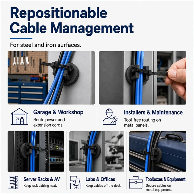 Alt view image 6 of 7 - 20 Pcs 36 mm Magnetic Zip Tie Mount Base with 200 Black Zip Ties, 25 lb Pull Force Large Magnetic Cable Clips, Magnet Wire Holder and Cable Tie Mounts for Wire Cord Organizer on Steel Surfaces