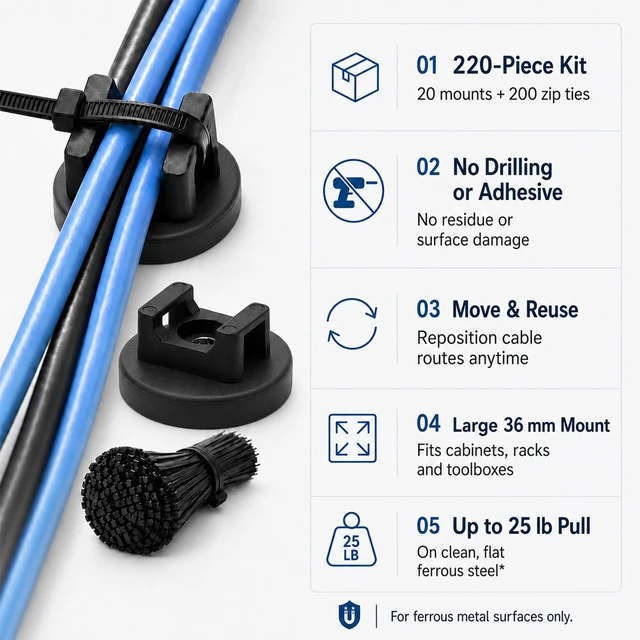 Alt view image 5 of 7 - 20 Pcs 36 mm Magnetic Zip Tie Mount Base with 200 Black Zip Ties, 25 lb Pull Force Large Magnetic Cable Clips, Magnet Wire Holder and Cable Tie Mounts for Wire Cord Organizer on Steel Surfaces