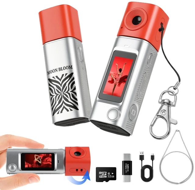 Main image of Mini Keychain Digital Camera with 32GB Card, 270° Rotating Lens Y2K Pocket-Size Retro Keychain Camera, 2K Video Recording, 21 Filters, 1" Screen, 400mAh Battery, for Teens and Trave, Silver