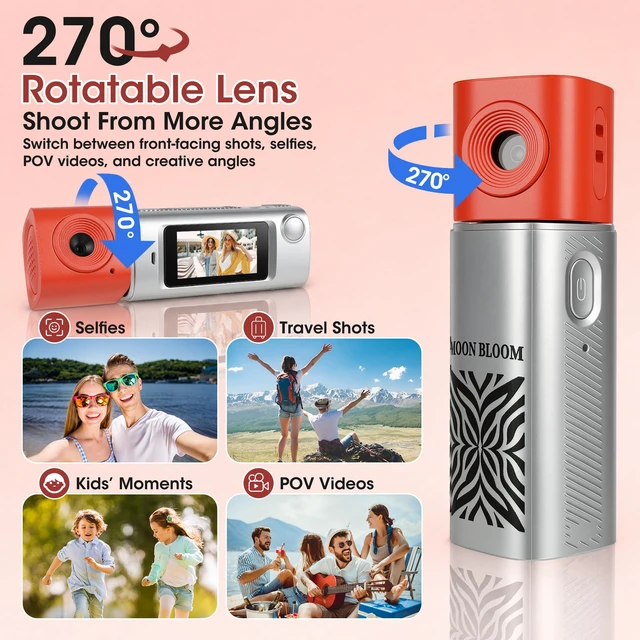 Alt view image 3 of 7 - Mini Keychain Digital Camera with 32GB Card, 270° Rotating Lens Y2K Pocket-Size Retro Keychain Camera, 2K Video Recording, 21 Filters, 1" Screen, 400mAh Battery, for Teens and Trave, Silver