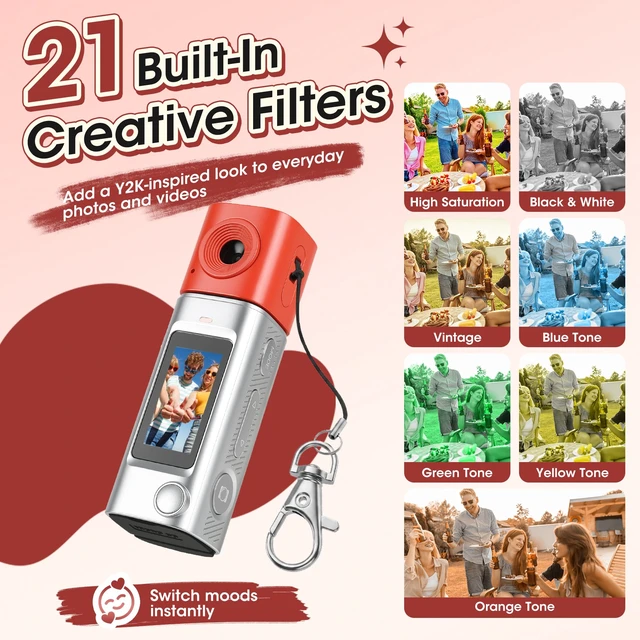 Alt view image 5 of 7 - Mini Keychain Digital Camera with 32GB Card, 270° Rotating Lens Y2K Pocket-Size Retro Keychain Camera, 2K Video Recording, 21 Filters, 1" Screen, 400mAh Battery, for Teens and Trave, Silver