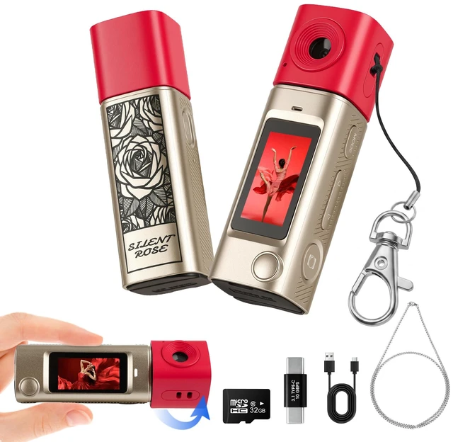 Main image of Mini Keychain Digital Camera with 32GB Card, 270° Rotating Lens Y2K Pocket-Size Retro Keychain Camera, 2K Video Recording, 21 Filters, 1" Screen, 400mAh Battery, for Teens and Trave, Gold