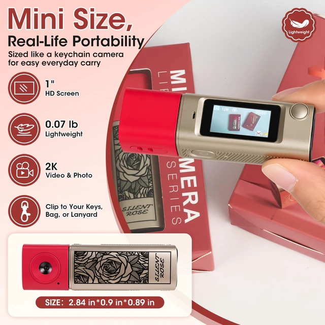 Alt view image 2 of 7 - Mini Keychain Digital Camera with 32GB Card, 270° Rotating Lens Y2K Pocket-Size Retro Keychain Camera, 2K Video Recording, 21 Filters, 1" Screen, 400mAh Battery, for Teens and Trave, Gold