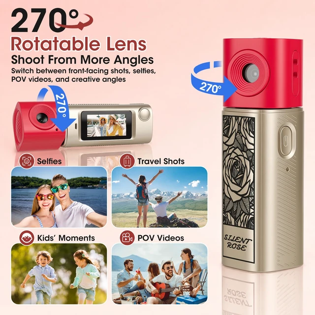 Alt view image 3 of 7 - Mini Keychain Digital Camera with 32GB Card, 270° Rotating Lens Y2K Pocket-Size Retro Keychain Camera, 2K Video Recording, 21 Filters, 1" Screen, 400mAh Battery, for Teens and Trave, Gold