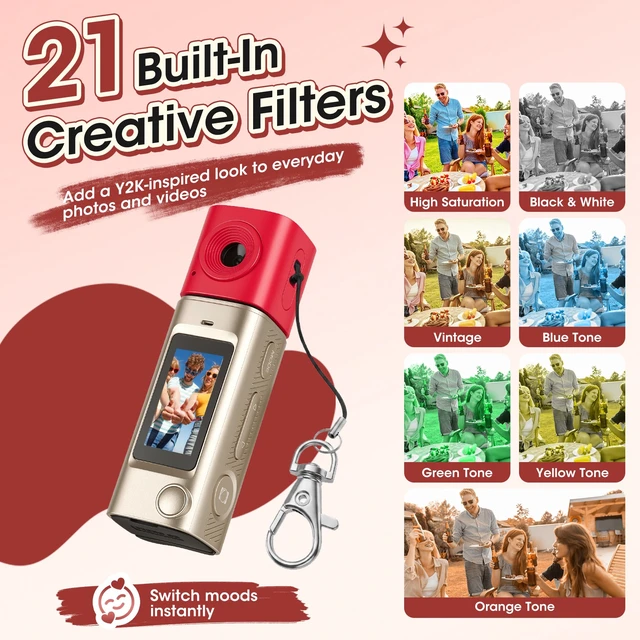 Alt view image 5 of 7 - Mini Keychain Digital Camera with 32GB Card, 270° Rotating Lens Y2K Pocket-Size Retro Keychain Camera, 2K Video Recording, 21 Filters, 1" Screen, 400mAh Battery, for Teens and Trave, Gold