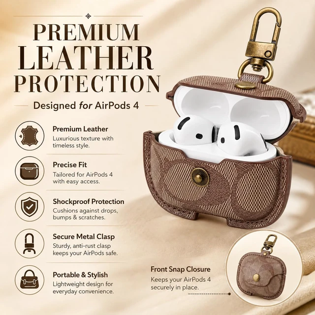 Alt view image 6 of 7 - for AirPods 4 Case, Leather Full Body Shockproof Protective Cover (D) For AirPods 5/4 (2026/2024) Standard/ANC; scratch-proof leather, snap flap, key clip, shockproof, fast-charge cutouts