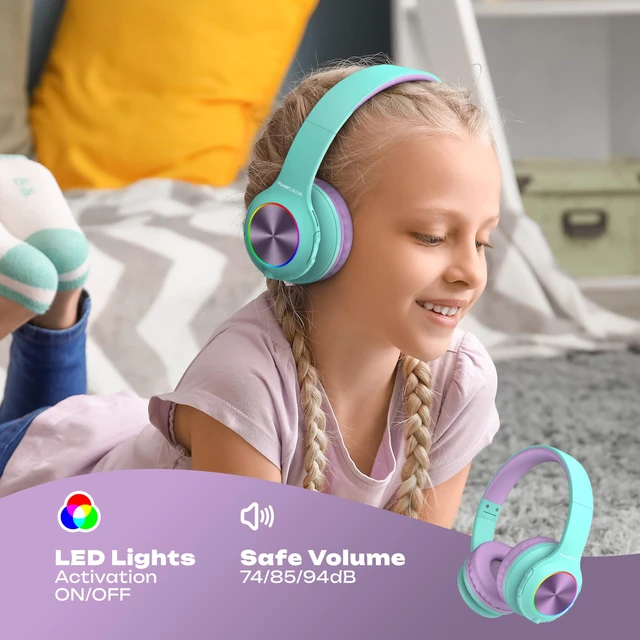 Alt view image 3 of 7 - Kids Bluetooth Headphones, LED Lights, with Fabric Carry Case Over Ear Kids Wireless Headphones, 74/85/94dB Safe Volume, Micro SD, Wired Mode, HD Stereo, Built-in Mic for Travel/Tablet/PC