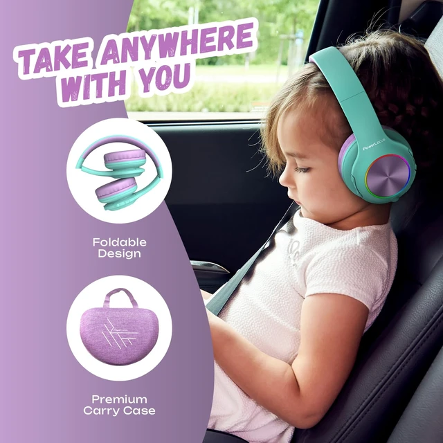 Alt view image 6 of 7 - Kids Bluetooth Headphones, LED Lights, with Fabric Carry Case Over Ear Kids Wireless Headphones, 74/85/94dB Safe Volume, Micro SD, Wired Mode, HD Stereo, Built-in Mic for Travel/Tablet/PC