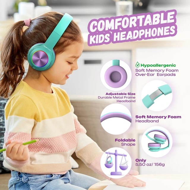 Alt view image 4 of 7 - Kids Bluetooth Headphones, LED Lights, with Fabric Carry Case Over Ear Kids Wireless Headphones, 74/85/94dB Safe Volume, Micro SD, Wired Mode, HD Stereo, Built-in Mic for Travel/Tablet/PC