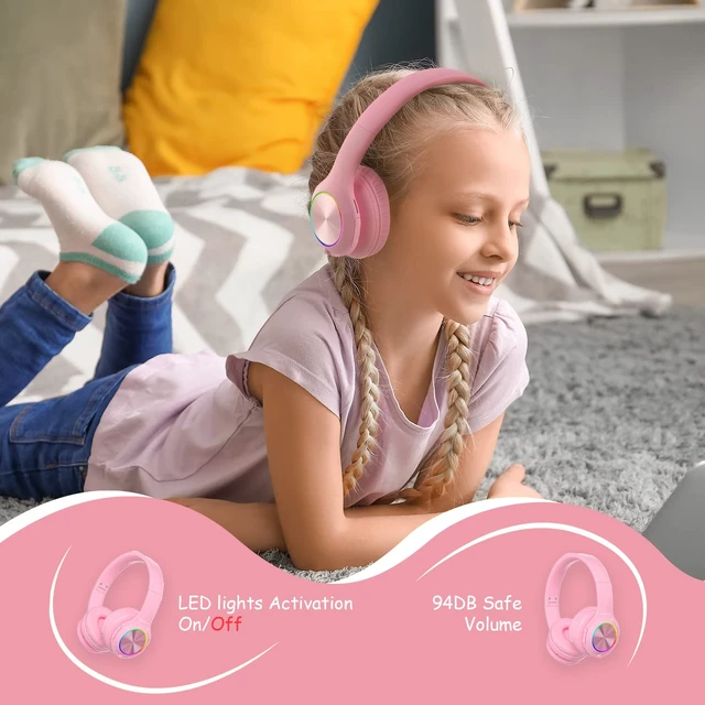 Alt view image 5 of 7 - Kids Bluetooth Headphones, LED Lights, with Fabric Carry Case Over Ear Kids Wireless Headphones, 74/85/94dB Safe Volume, Micro SD, Wired Mode, HD Stereo, Built-in Mic for Travel/Tablet/PC