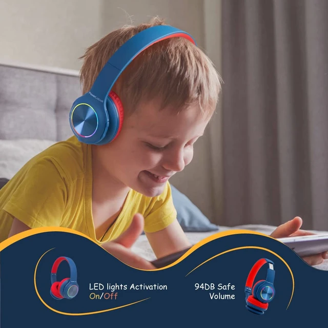 Alt view image 4 of 7 - Kids Bluetooth Headphones, LED Lights, with Fabric Carry Case Over Ear Kids Wireless Headphones, 74/85/94dB Safe Volume, Micro SD, Wired Mode, HD Stereo, Built-in Mic for Travel/Tablet/PC