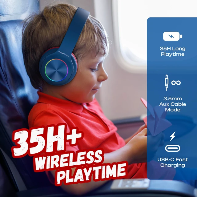 Alt view image 3 of 7 - Kids Bluetooth Headphones, LED Lights, with Fabric Carry Case Over Ear Kids Wireless Headphones, 74/85/94dB Safe Volume, Micro SD, Wired Mode, HD Stereo, Built-in Mic for Travel/Tablet/PC