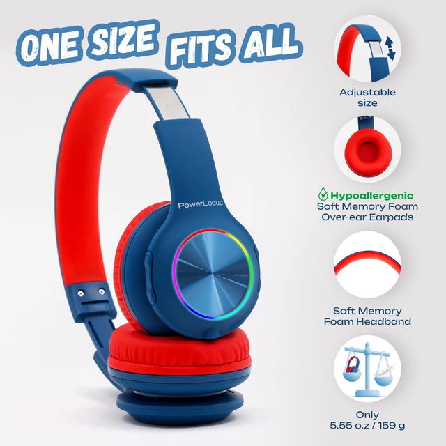 Alt view image 5 of 7 - Kids Bluetooth Headphones, LED Lights, with Fabric Carry Case Over Ear Kids Wireless Headphones, 74/85/94dB Safe Volume, Micro SD, Wired Mode, HD Stereo, Built-in Mic for Travel/Tablet/PC