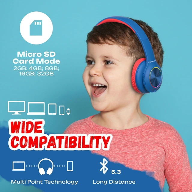 Alt view image 7 of 7 - Kids Bluetooth Headphones, LED Lights, with Fabric Carry Case Over Ear Kids Wireless Headphones, 74/85/94dB Safe Volume, Micro SD, Wired Mode, HD Stereo, Built-in Mic for Travel/Tablet/PC