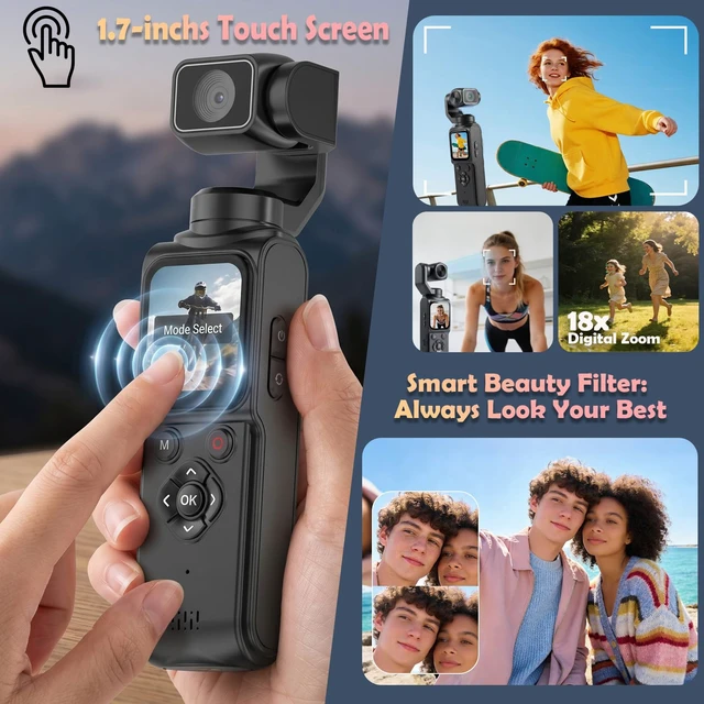 Alt view image 3 of 7 - 4K Vlogging Camera Pocket Cam with Face Tracking, 64GB Card Body Camera Action Cam with 330° Rotating Lens, WiFi, Handheld POV Cameras, Vlog Cam for YouTube, TikTok, Travel, Daily Life