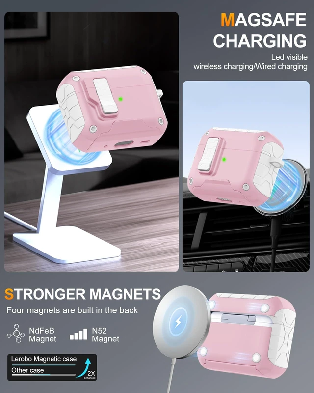 Alt view image 4 of 7 - for AirPods Pro 3 Case Cover with Secure Lock & Phone Stand Compatible with MagSafe,Cleaner Kit & Keychain Included,Full Protection for Apple AirPods Pro 3rd Generation,White Pink
